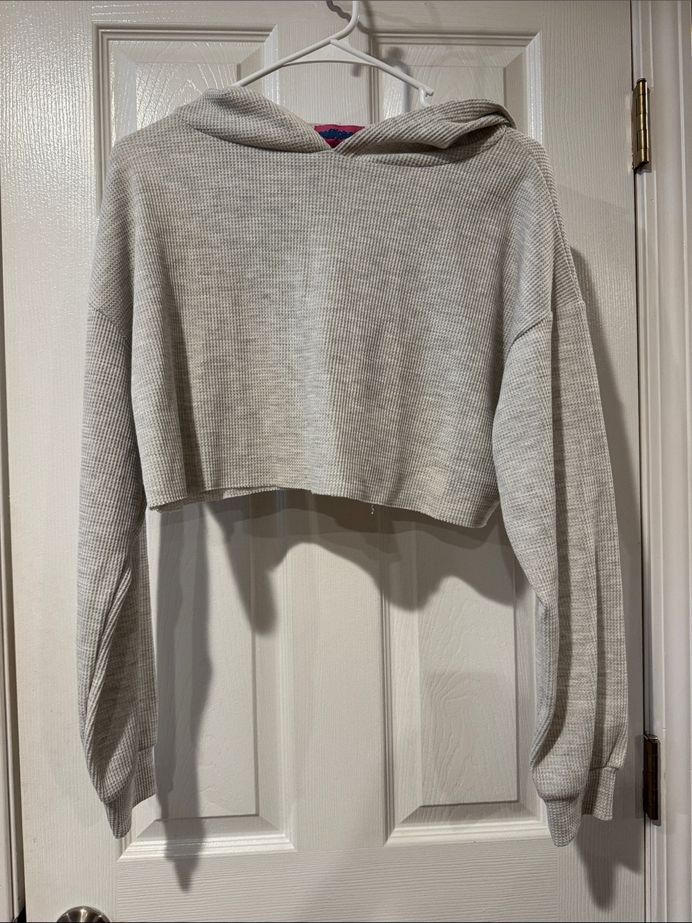 EDITKED Cropped Hooded Waffle-Knit Top - Light Gray